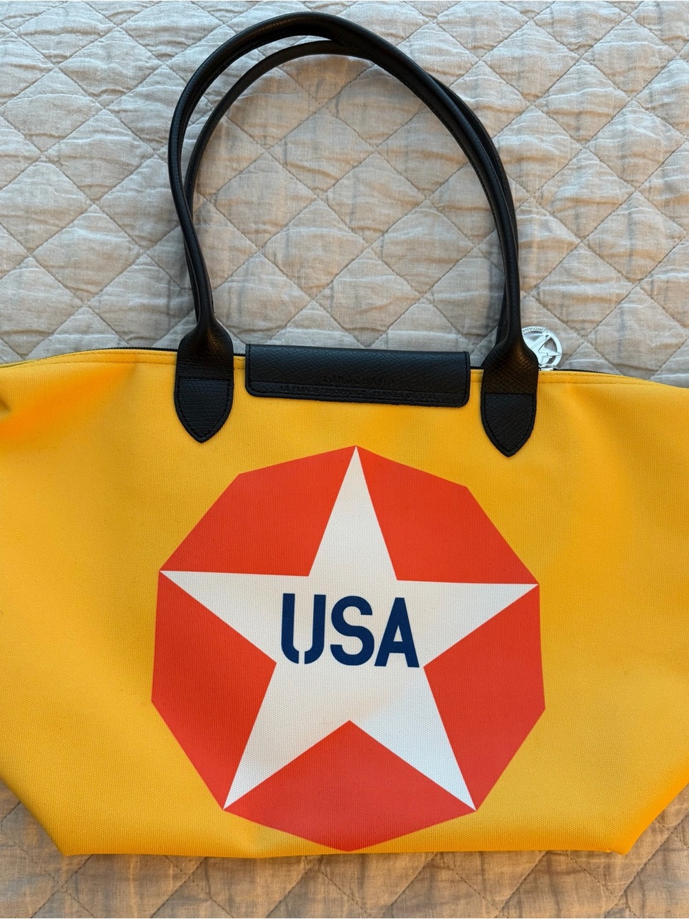 Longchamp x Robert Indiana One Cent Le Pliage - Yellow Tote with Black Trim - Picture 2 of 5